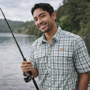 Grundens Performance Fishing Shirt Mens L Plaid‎ Vented Short Sleeve